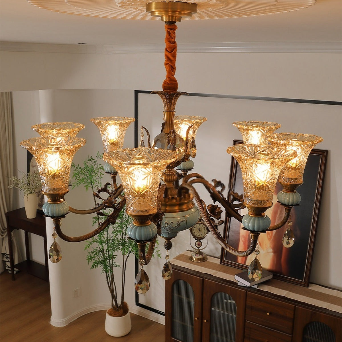 Blue Glazed Ceramic Brass Crystal Chandelier