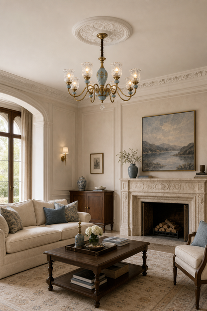 Blue Glazed Ceramic Brass Crystal Chandelier