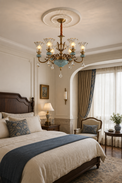 Blue Glazed Ceramic Brass Crystal Chandelier