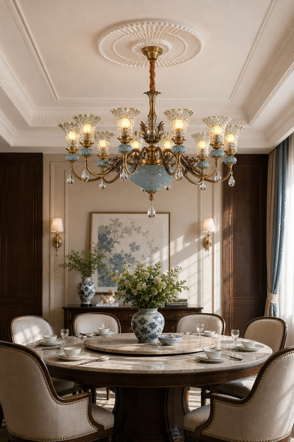 Blue Glazed Ceramic Brass Crystal Chandelier