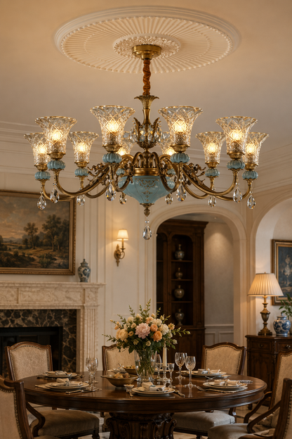 Blue Glazed Ceramic Brass Crystal Chandelier