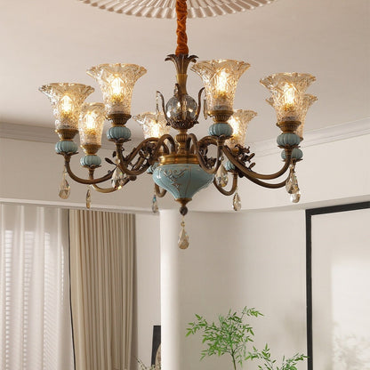 Blue Glazed Ceramic Brass Crystal Chandelier