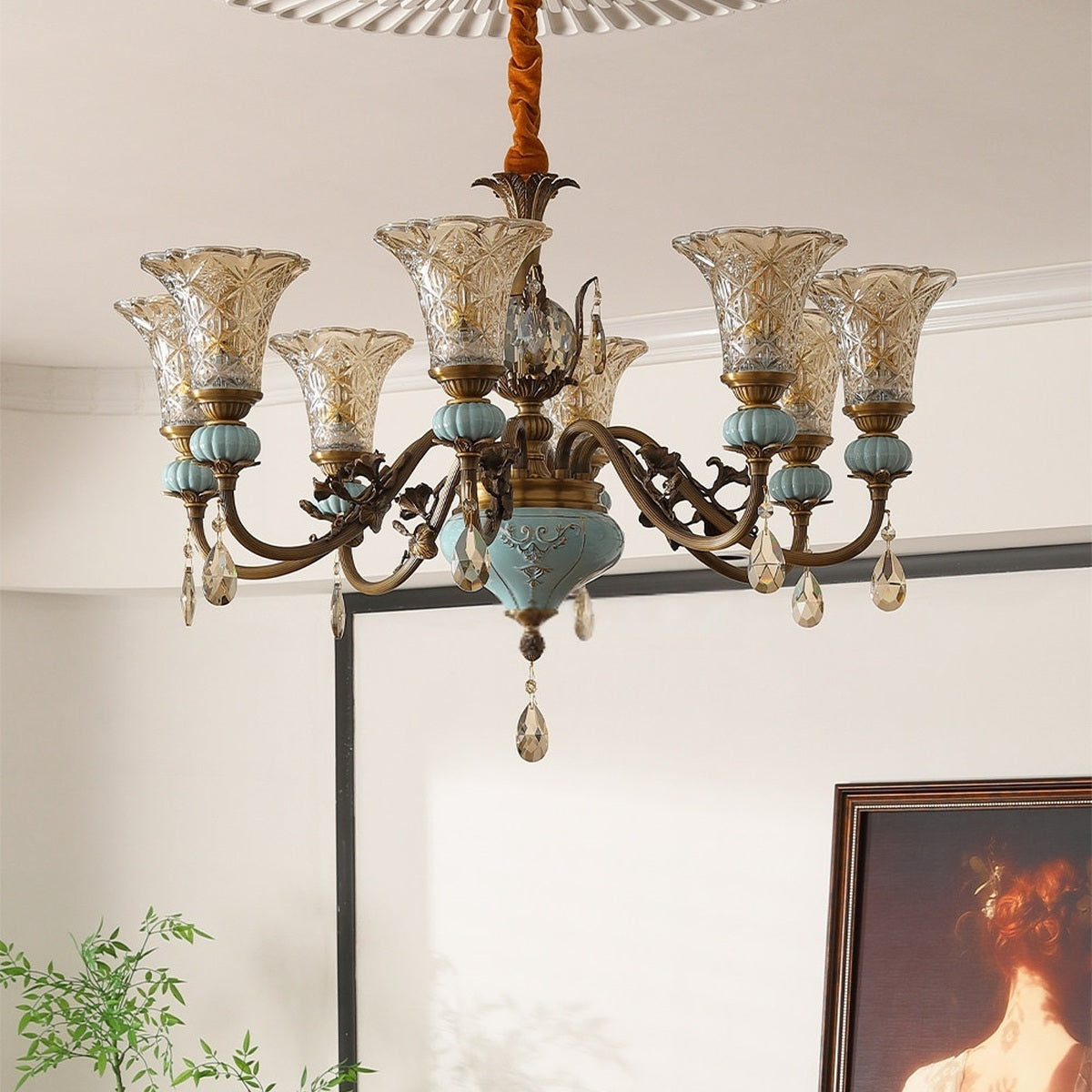 
Blue Glazed Ceramic Brass Crystal Chandelier