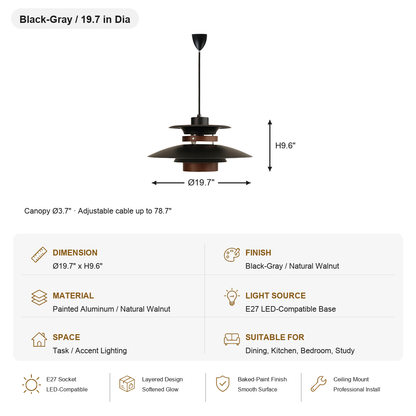 Layered Aluminum and Walnut Pendant Light — SKU card for Black-Gray with Walnut, 19.7 in Dia