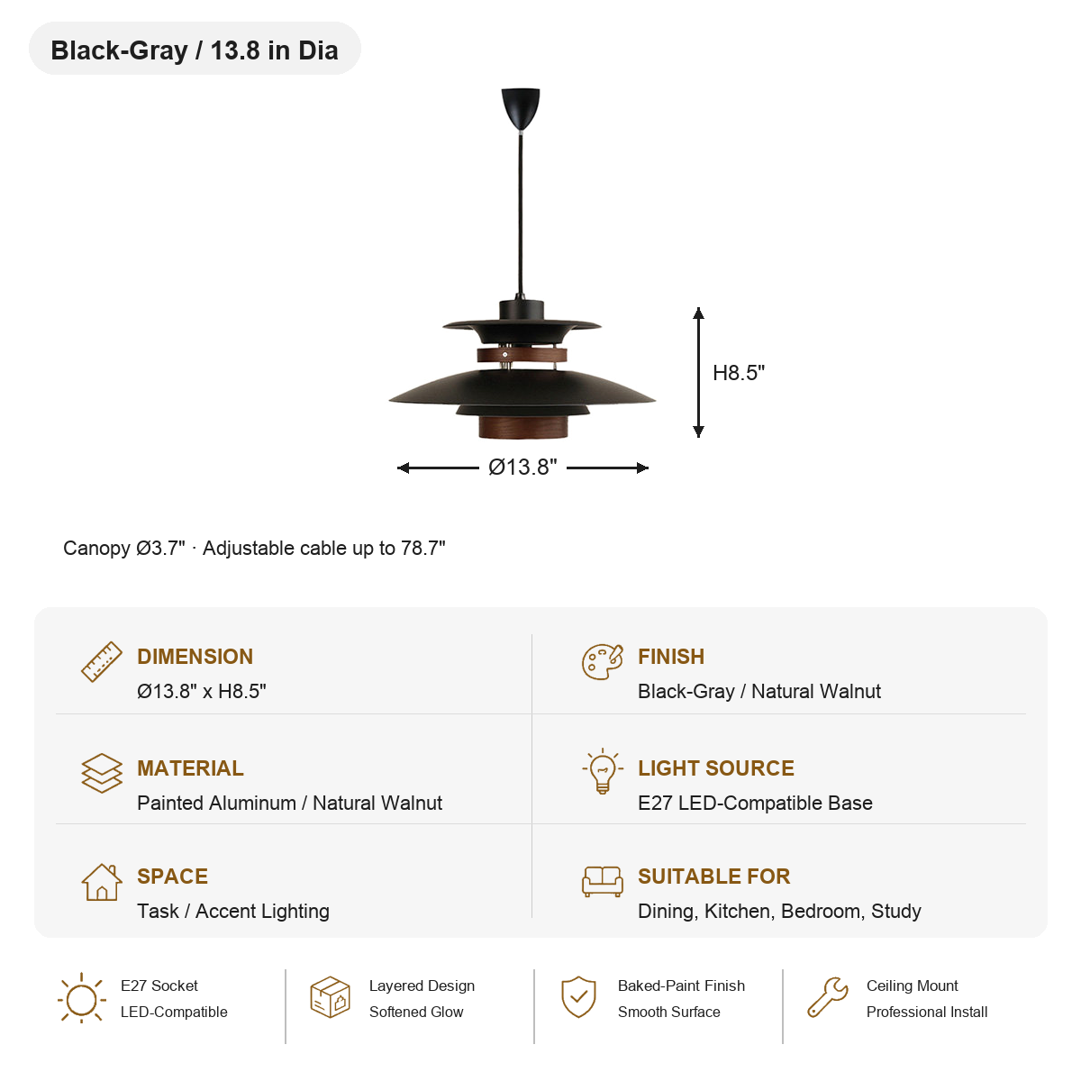 
Layered Aluminum and Walnut Pendant Light — SKU card for Black-Gray with Walnut, 13.8 in Dia