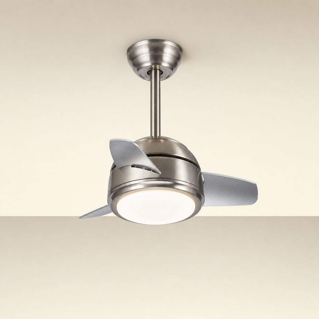 
Satin Nickel Compact Ceiling Fan with Light - FAN930-04 — Satin Nickel clean installed product view on a warm neutral ceiling background