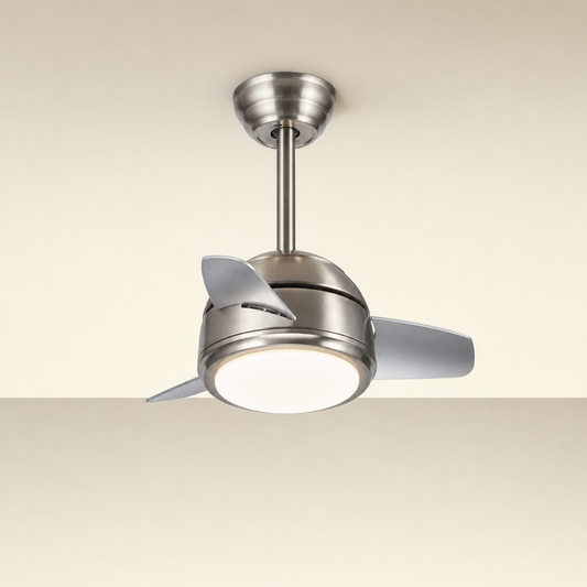 
Satin Nickel Compact Ceiling Fan with Light - FAN930-04 — Satin Nickel clean installed product view on a warm neutral ceiling background