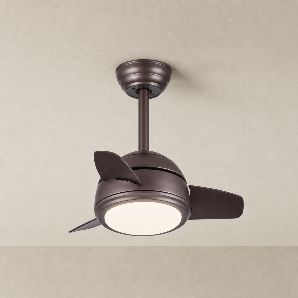 Brown Compact Ceiling Fan with Light - FAN930-05 — Brown clean installed product view on a warm neutral ceiling background