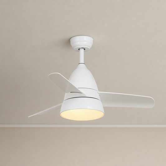 
All-White Compact Ceiling Fan with Light - FAN931-03 — All White clean installed product view on a warm neutral ceiling background